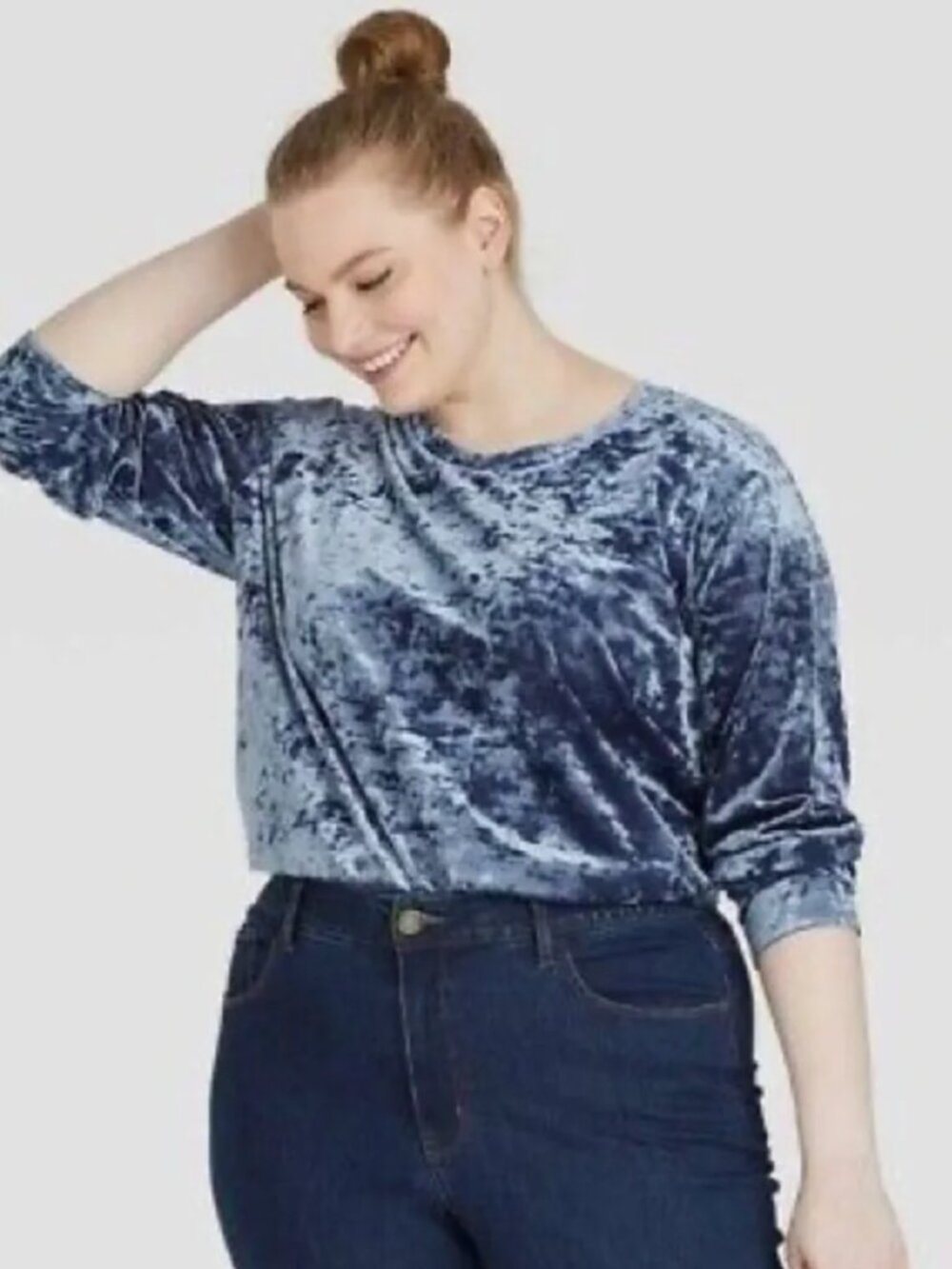 Ava & Viv Women's Cropped Velvet Sweatshirt Navy Blue Size 2x